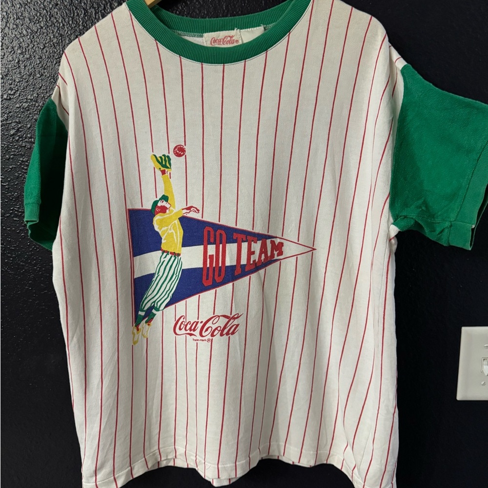Vintage Coca Cola White Tee with Green Sleeves & Red Pinstripes baseball style